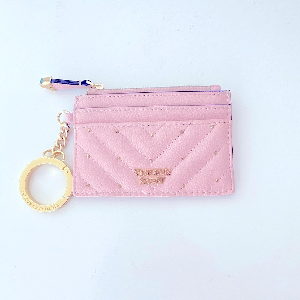 Victoria Secret card holder wallet keychain zipper light pink quilted leather